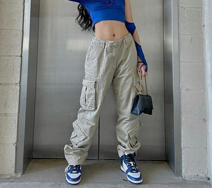 Women Solid Color High Waist Pocket Loose Casual Fashion Pants