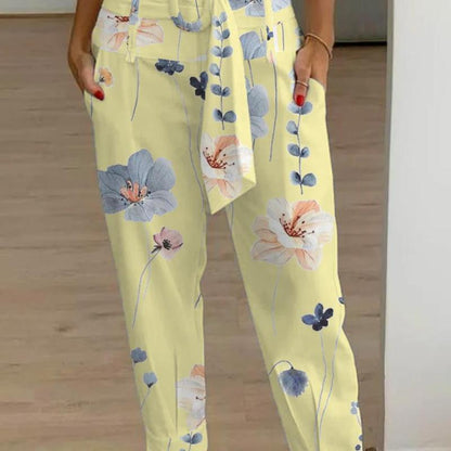 Women Casual Summer Solid Color Linen Floral Pants