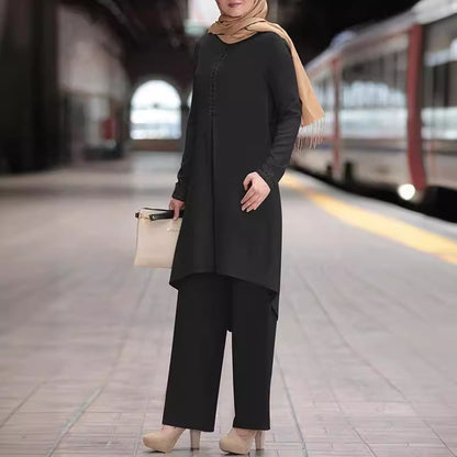 Conjunto informal de abaya de color liso con manga larga y encaje para mujer