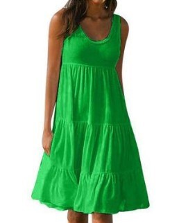 Women Casual Solid Color Sleeveless Round Neck Ruffled Loose Dress