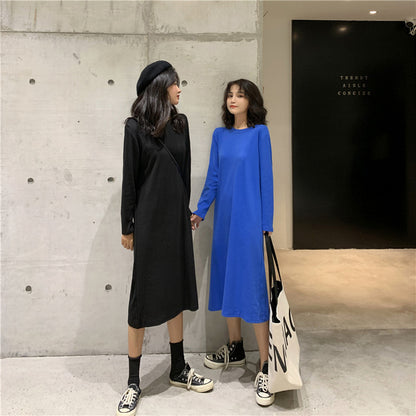 Women Fashion Casual Solid Color Loose Round Neck Long Sleeve Dress