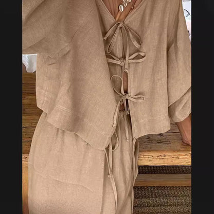 Conjunto de dos piezas formado por top y falda de manga larga, cuello redondo, encaje y aberturas para mujer, moda de verano