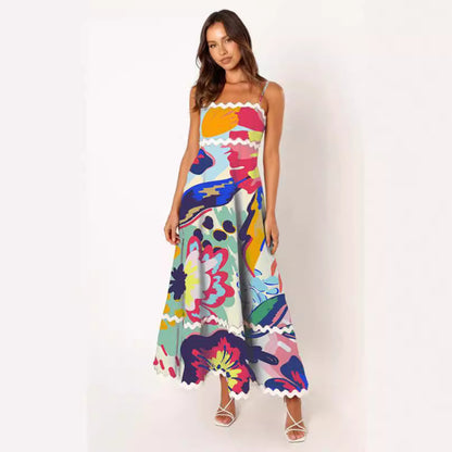Women Casual Summer Vacation Floral Color Blocking Maxi Sun Dress