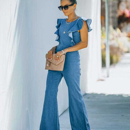 Women Fashion Casual Round Neck Ruffled Sleeveless Waist Hollow Denim Jumpsuits