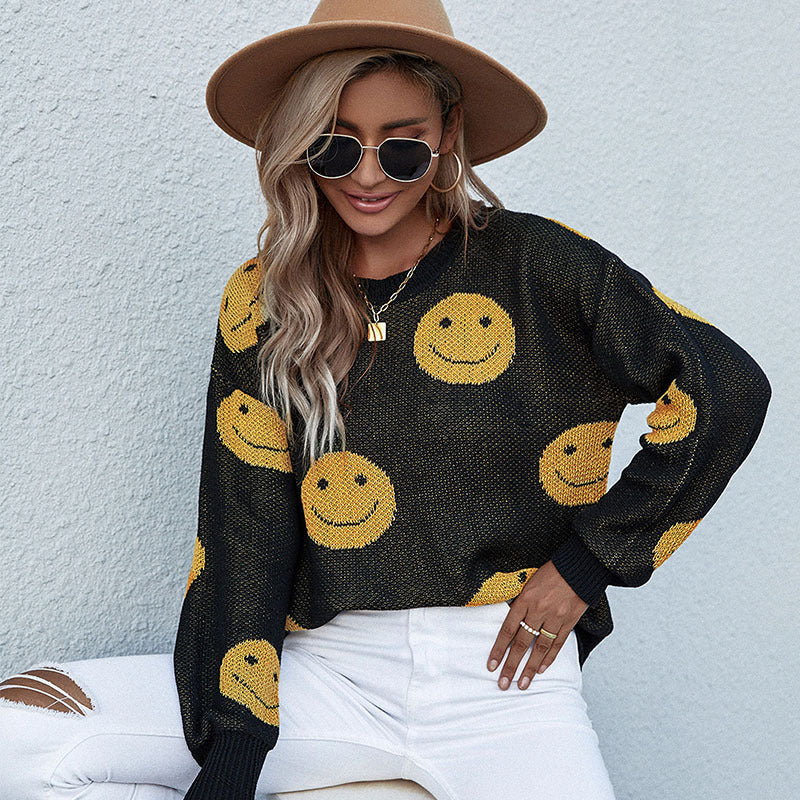 Top de punto de manga larga con cuello redondo y sonrisas informal para mujer