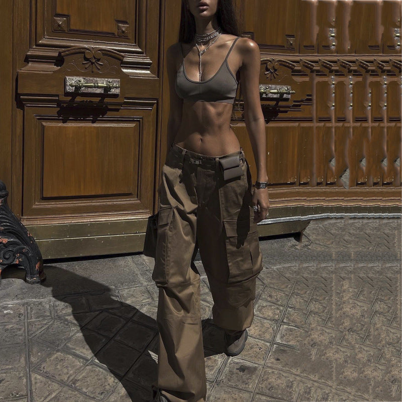 Women Fashion Casual Solid Color Loose Cargo Pants