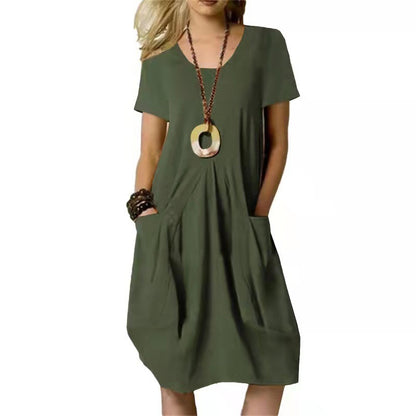 Casual Women Short Sleeve Solid Color Pocket Loose Dress