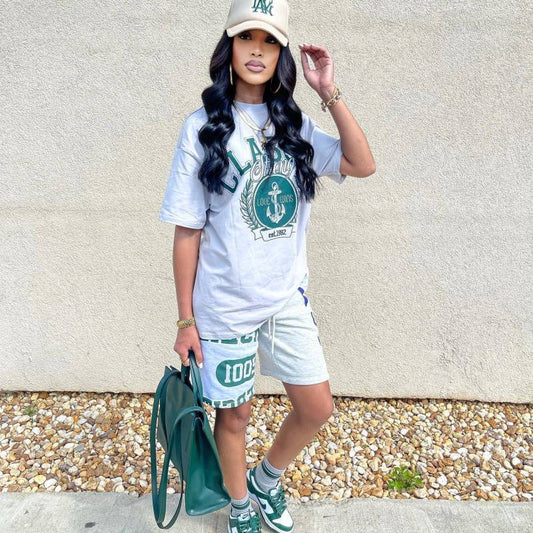 Conjunto de dos piezas holgado con camiseta y pantalones cortos con grafiti y letras para mujer, estilo informal, de moda urbana, para verano