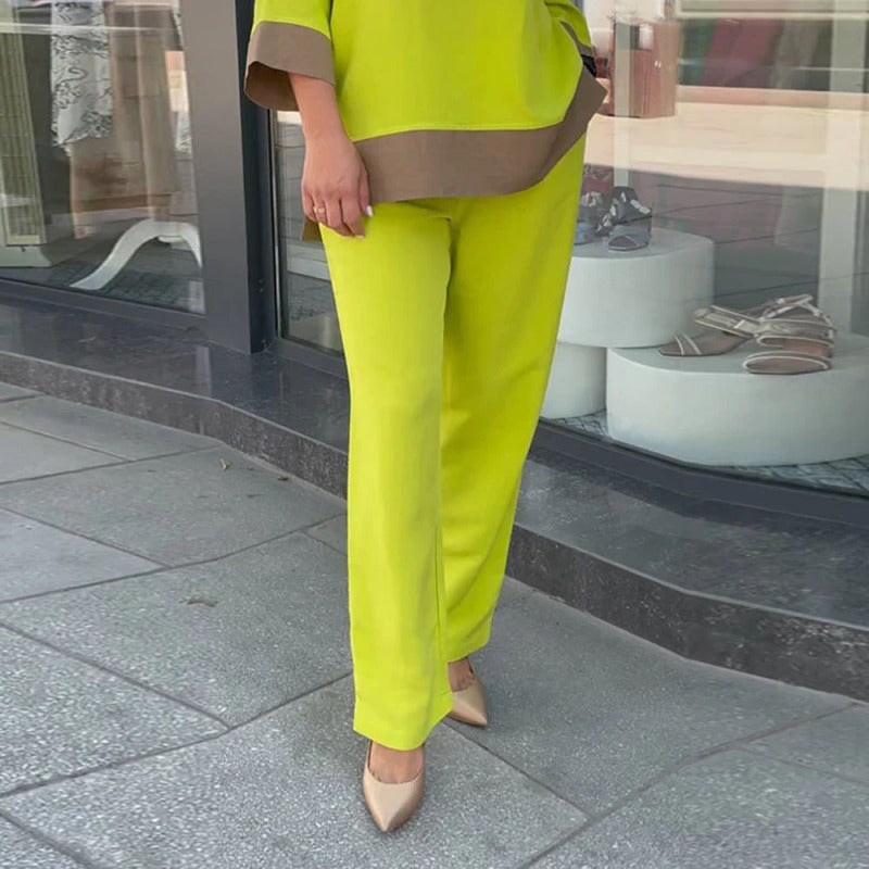 Conjunto de dos piezas formado por camiseta y pantalón recto, manga larga, cuello redondo, informal, holgado, a la moda para mujer