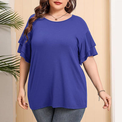 Summer Women Casual Plus Size Solid Color Round Neck Ruffle Short Sleeve Top