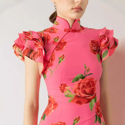 Vestido largo estilo cheongsam con mangas cortas y volantes, estampado floral de rosas, informal, para mujer