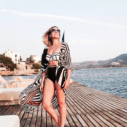 Traje de baño de gasa con estampado de cebra para mujer, informal, holgado, para vacaciones en la playa