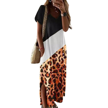 Women Casual Short Sleeve Leopard Print Side-Slit Maxi Dress