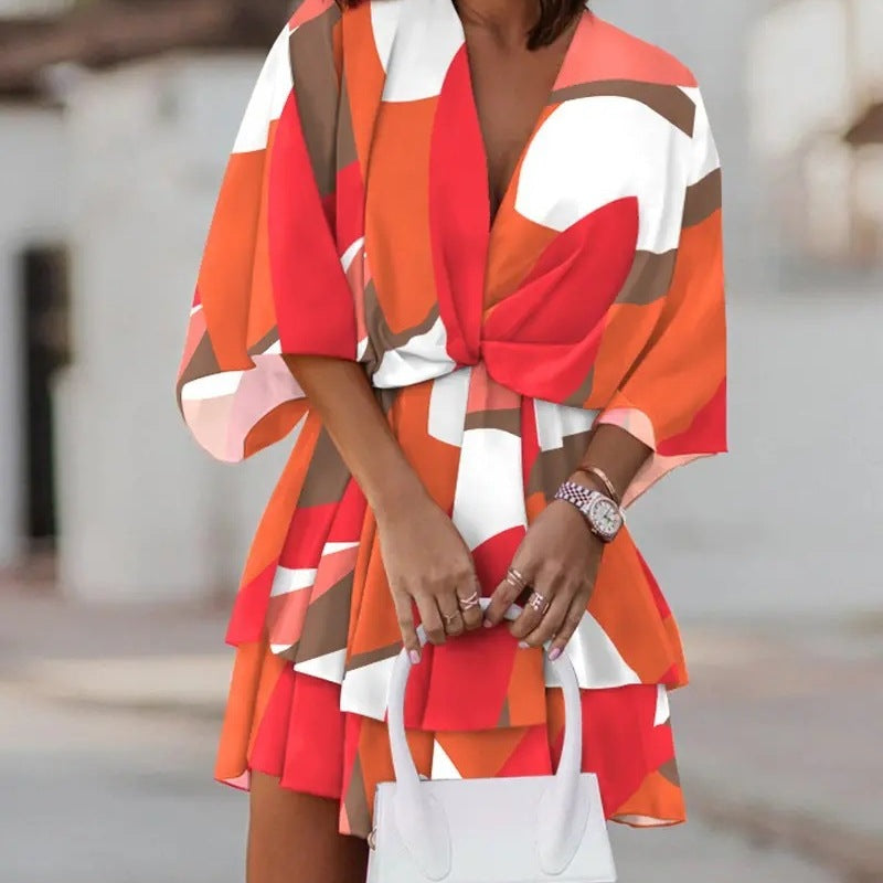Women Fashion Casual Boho Style V-Neck Loose Dolman Sleeve Graphic Printed Dress