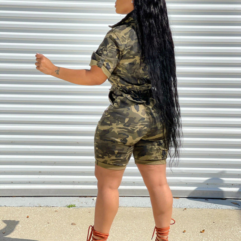 Women Casual Camouflage Short Sleeves Lapel Zipper Drawstring Rompers