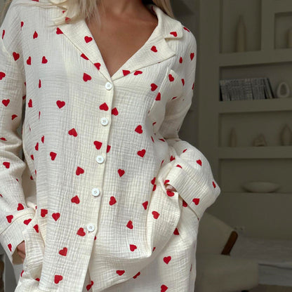 Conjunto de pijama informal de manga larga con estampado de corazones para mujer