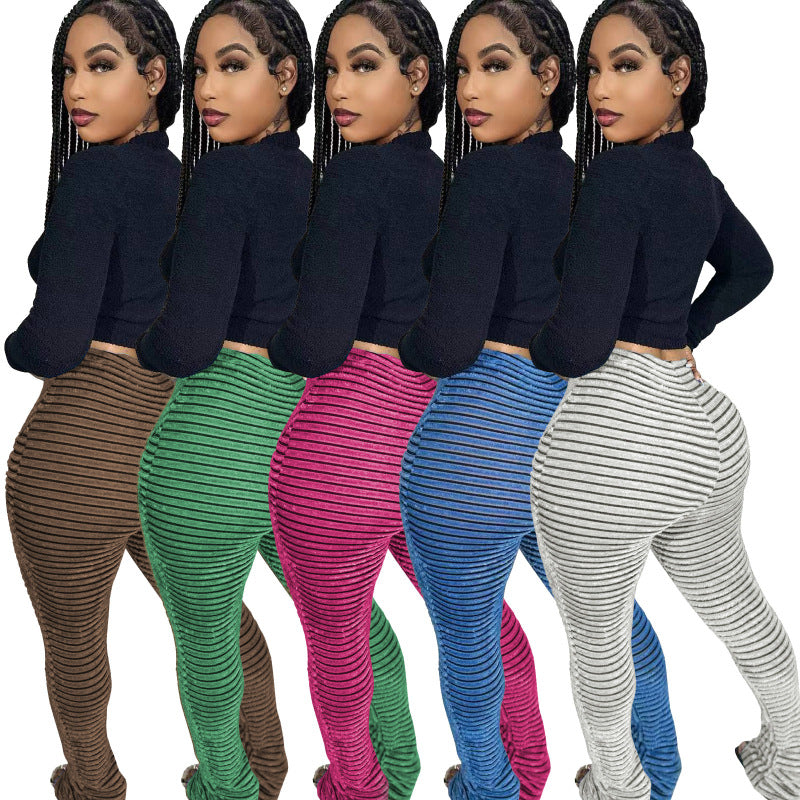 Women Plush Stripe Texture Breathable Large Elastic Fashion Casual Slim-Fit Pants