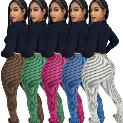 Women Plush Stripe Texture Breathable Large Elastic Fashion Casual Slim-Fit Pants