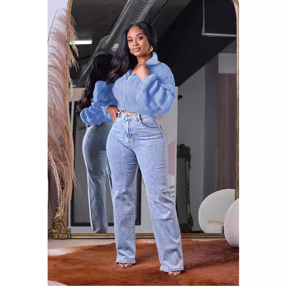 Women Casual Loose Solid Color Zipper Lapel Knitted Sweater