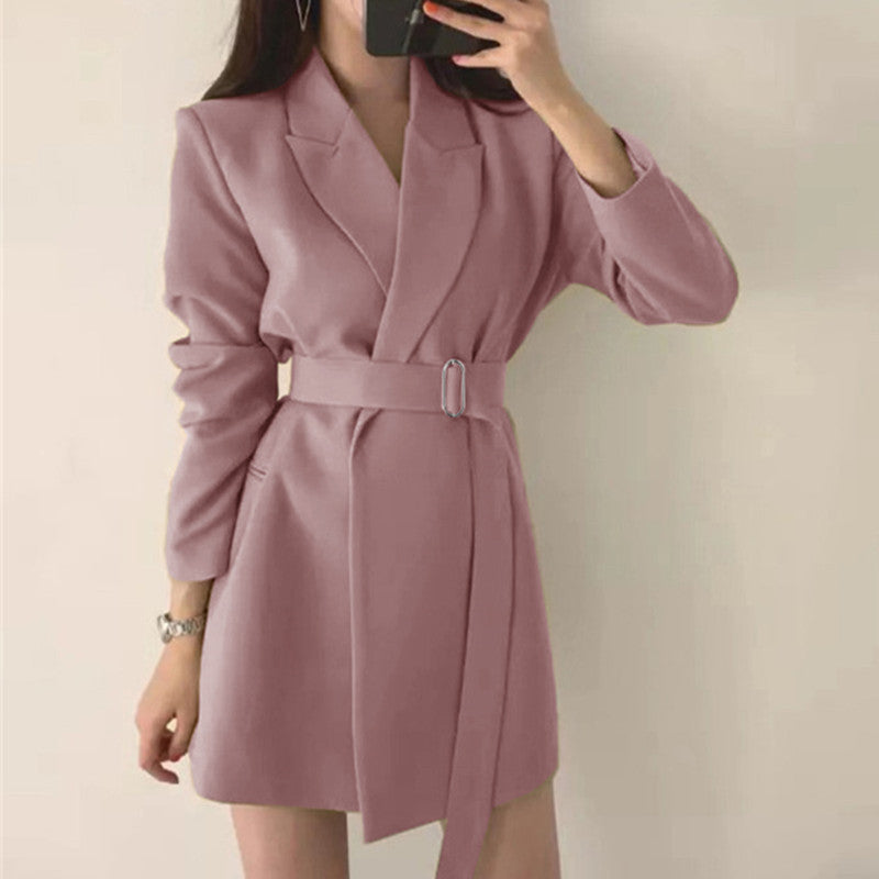Women Fashion Temperament Mid-Length Casual Belt Blazer