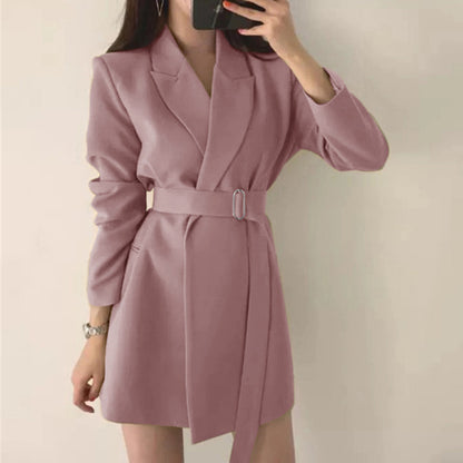 Women Fashion Temperament Mid-Length Casual Belt Blazer