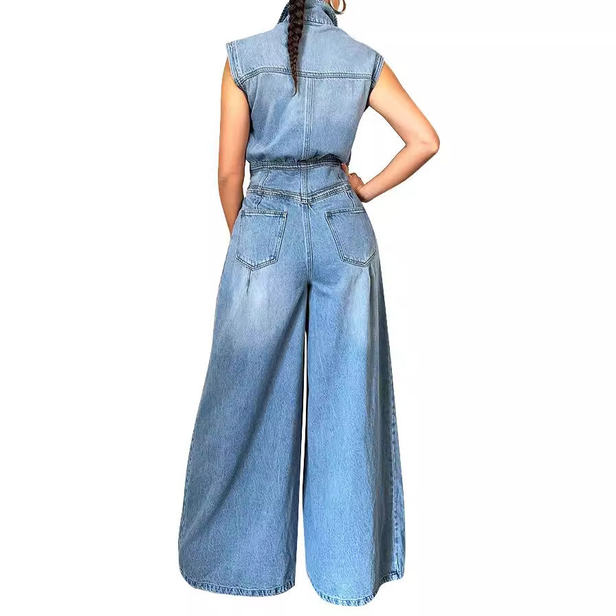 Women Fashion Casual Washed Sleeveless Denim Wide Leg Jumpsuits