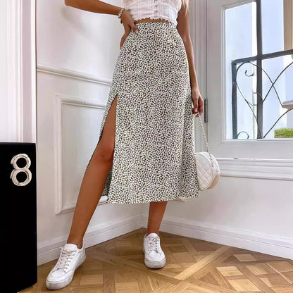 Summer Women Fashion Casual Small Tiny Flower Print Split Skirt