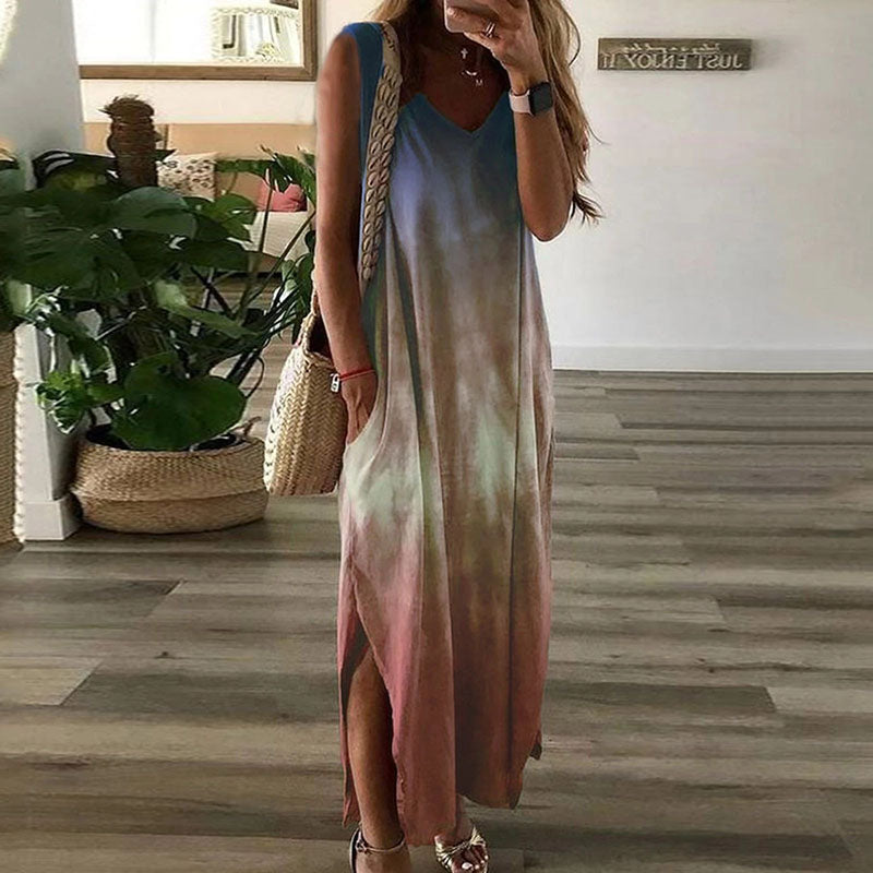 Summer Women V-Neck Gradient Color Tie-Dye Printing Non-Sleeve Casual Maxi Dress