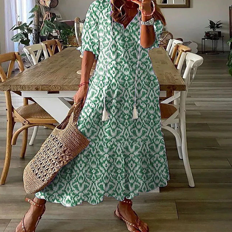 Women Casual Loose V Neck Floral Maxi Dress