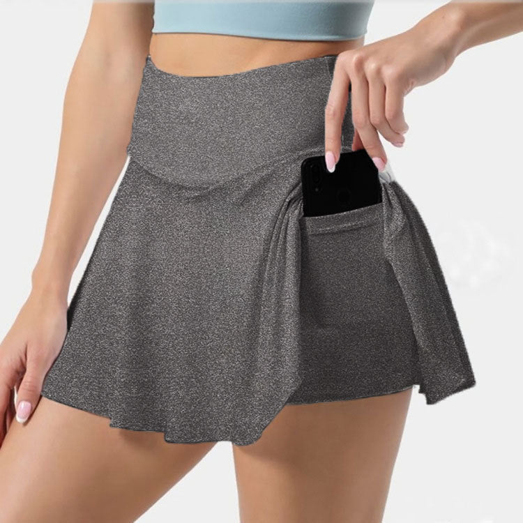 Women Casual Solid Color Pleated Anti-Glare High Waist Sports Skirt