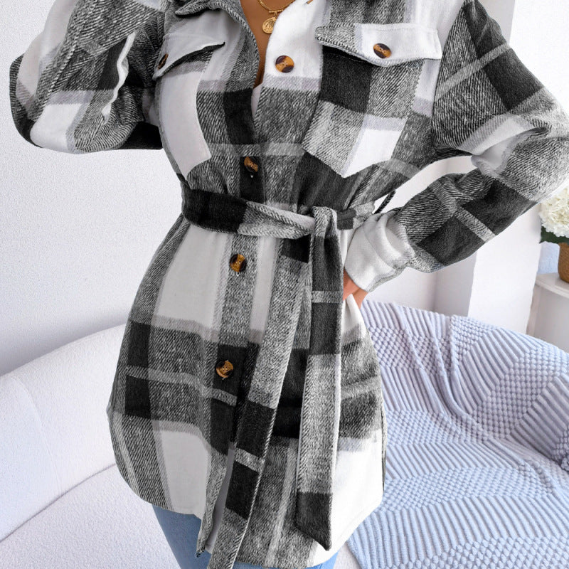 Autumn Winter Women Fashion Casual Color Block Plaid Long Sleeve Strap Thickened Woolen Jacket