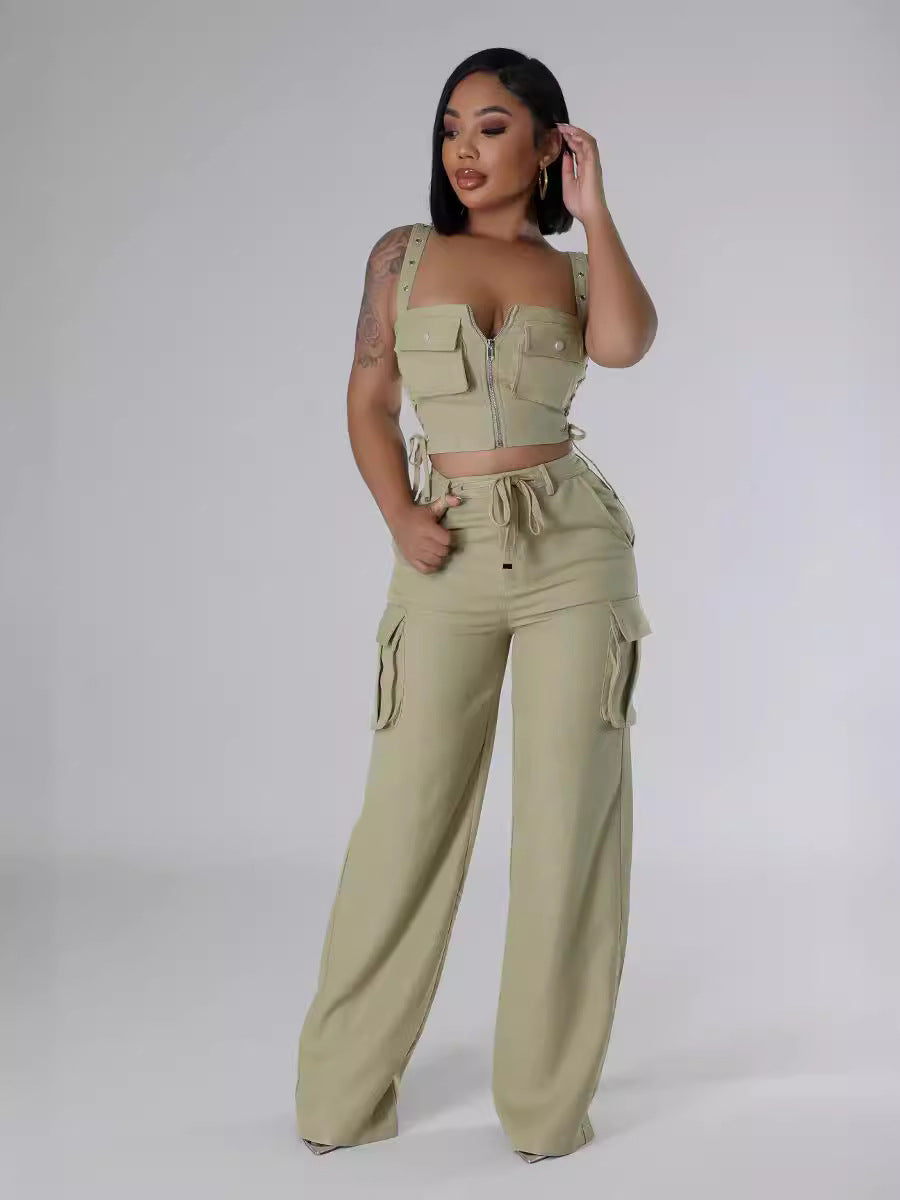 Conjunto de dos piezas de camisola informal de verano para mujer, con múltiples bolsillos y cremallera, cintura alta y pantalones cargo