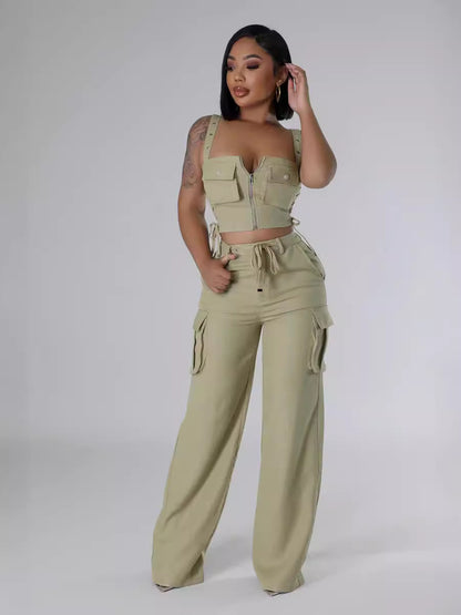 Conjunto de dos piezas de camisola informal de verano para mujer, con múltiples bolsillos y cremallera, cintura alta y pantalones cargo
