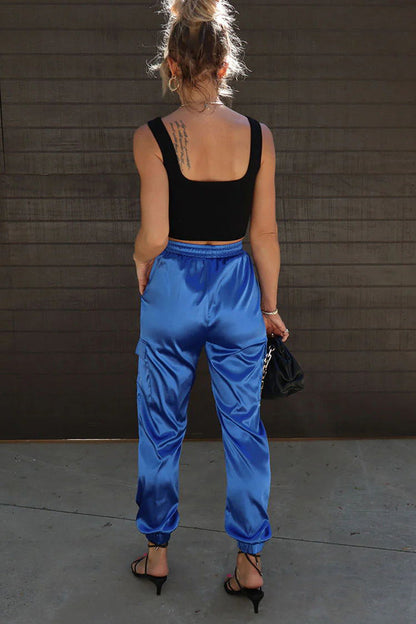Women Fashion Casual Solid Color Elastic Waist Cuffed Jogger Pants