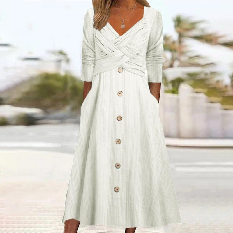 Casual Fashion Women Solid Color V Neck Cross Design Buttoned Maxi Dress
