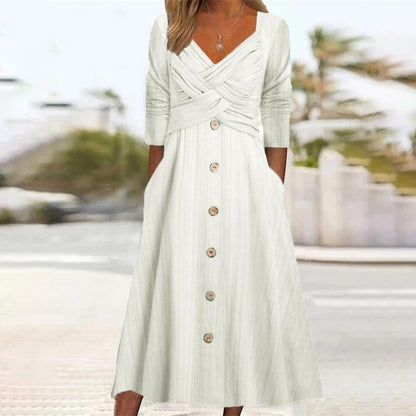 Casual Fashion Women Solid Color V Neck Cross Design Buttoned Maxi Dress