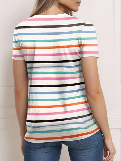Camiseta informal de manga corta con cuello redondo y rayas para mujer