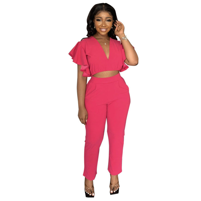Conjunto informal de dos piezas para mujer con top corto en V profundo y pantalones rectos ajustados
