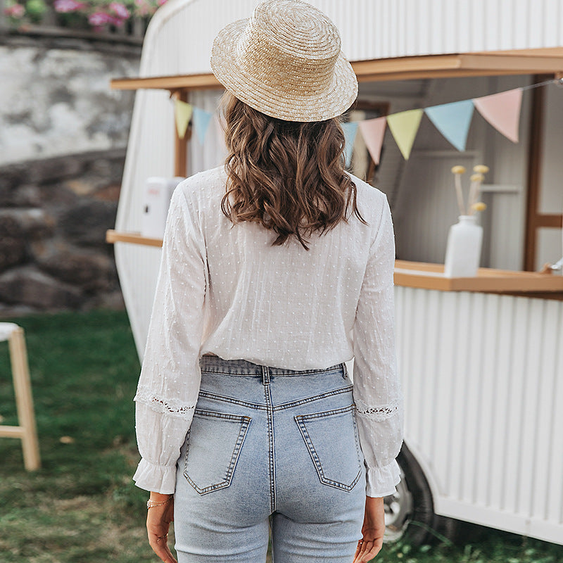 Blusa informal de algodón con mangas abullonadas y costuras caladas para mujer