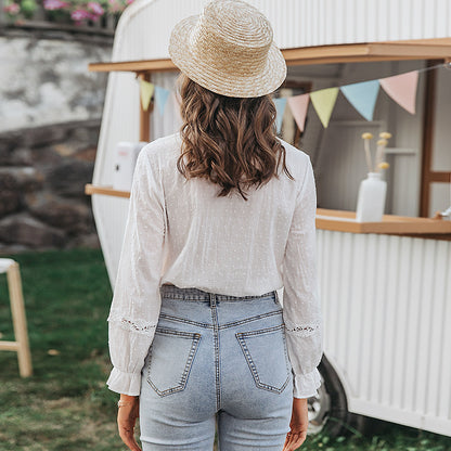 Blusa informal de algodón con mangas abullonadas y costuras caladas para mujer