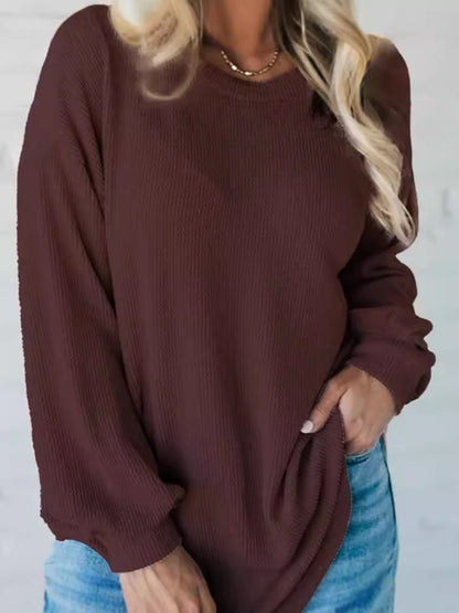 Sudadera informal holgada de color liso con cuello redondo y manga larga para mujer