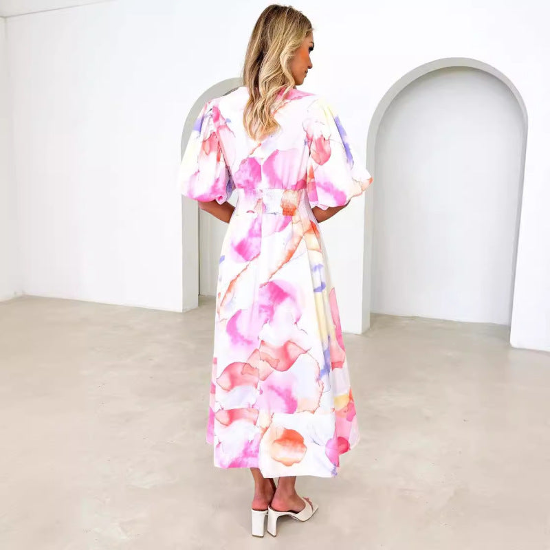 Vacation Women Casual Fashion Floral Print Puff Sleeve Maxi Dress