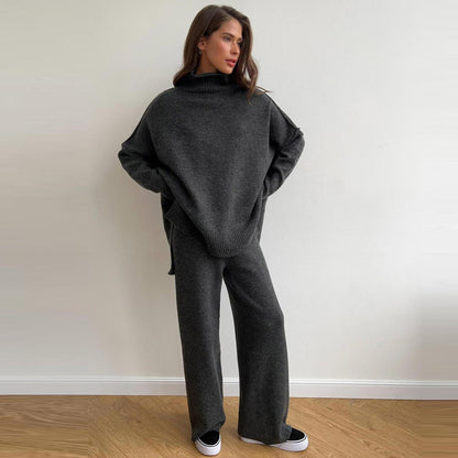 Conjunto de dos piezas formado por suéter y pantalón de punto, manga larga, cuello alto, holgado e informal, para mujer, otoño e invierno