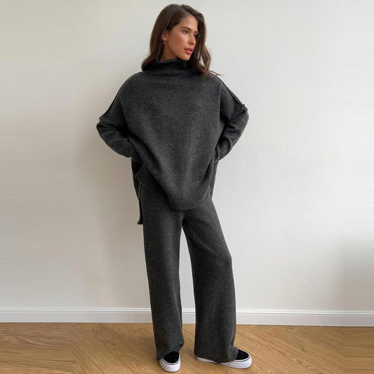 Conjunto de dos piezas formado por suéter y pantalón de punto, manga larga, cuello alto, holgado e informal, para mujer, otoño e invierno