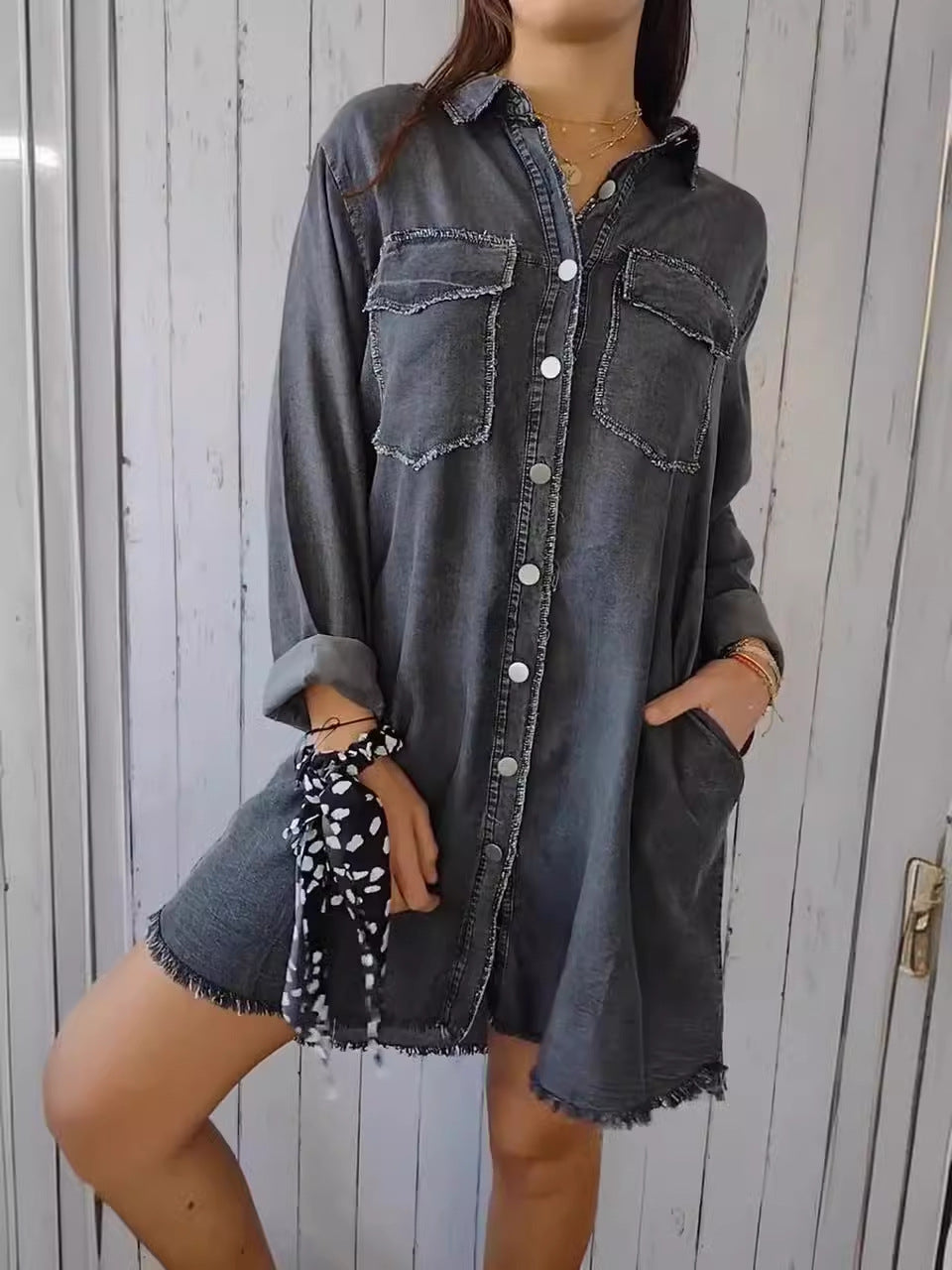 Chaqueta vaquera informal de moda para mujer con bolsillo
