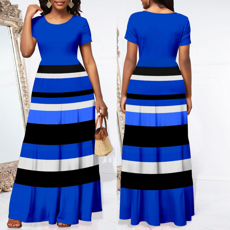 Women Casual Short Sleeve Color Blocking Stripe Round Neck Maxi Dress