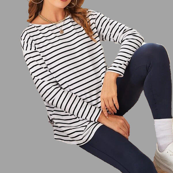 Camiseta de manga larga con cuello redondo y bolsillo a rayas para mujer embarazada