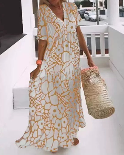 Summer Women Casual Geometric Print Deep V Maxi Dress
