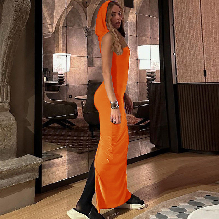 Women Fashion Casual Solid Color Hooded Elastic Sleeveless Slim Dress