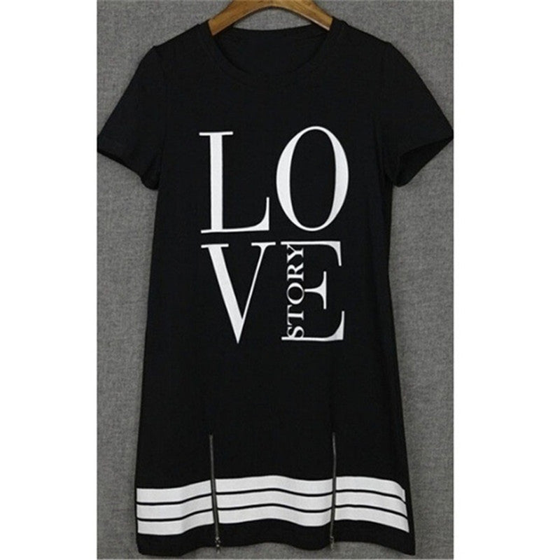 Women Casual Letter Print Fashion Round Neck Short Sleeves Zipper Loose Dress